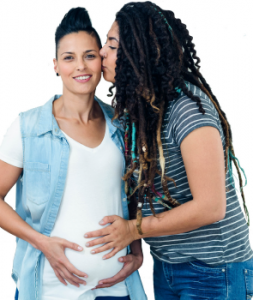 female partner kissing pregnant partner