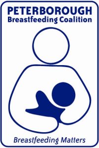 Peterborough Breastfeeding Coalition logo. Includes line artwork of parent breastfeeding and the following text. Peterborough Breastfeeding Coalition, Breastfeeding Matters.